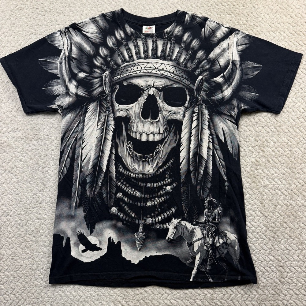 Vintage Native American Skull AOP Shirt Medium All Over Grunge Horror Punk Moto